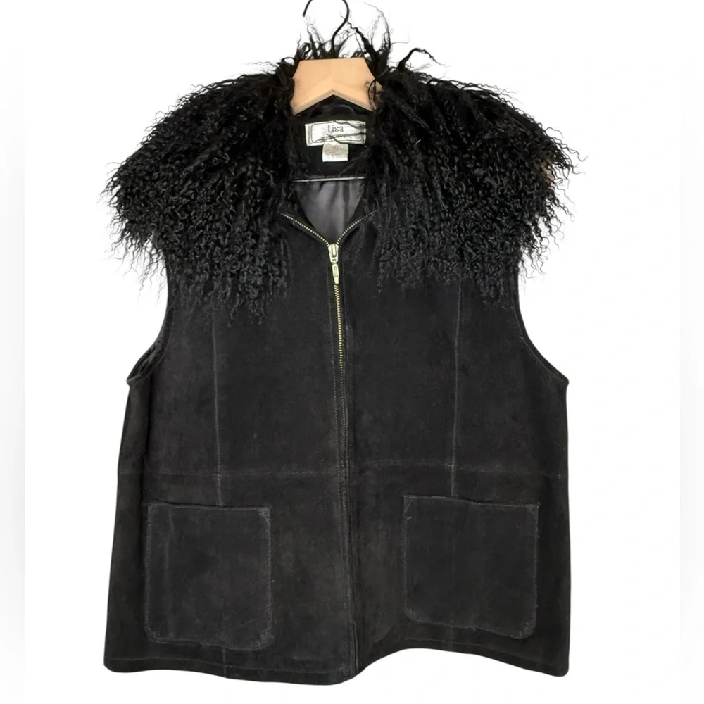 Vintage‎ Penny Lane Lisa International Black 100% Suede Fur Trim Vest- Women's L